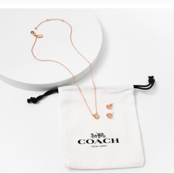 NWT Coach Rose Gold Open Circle Necklace And Tea Rose Stud Earrings Set - Picture 3 of 6